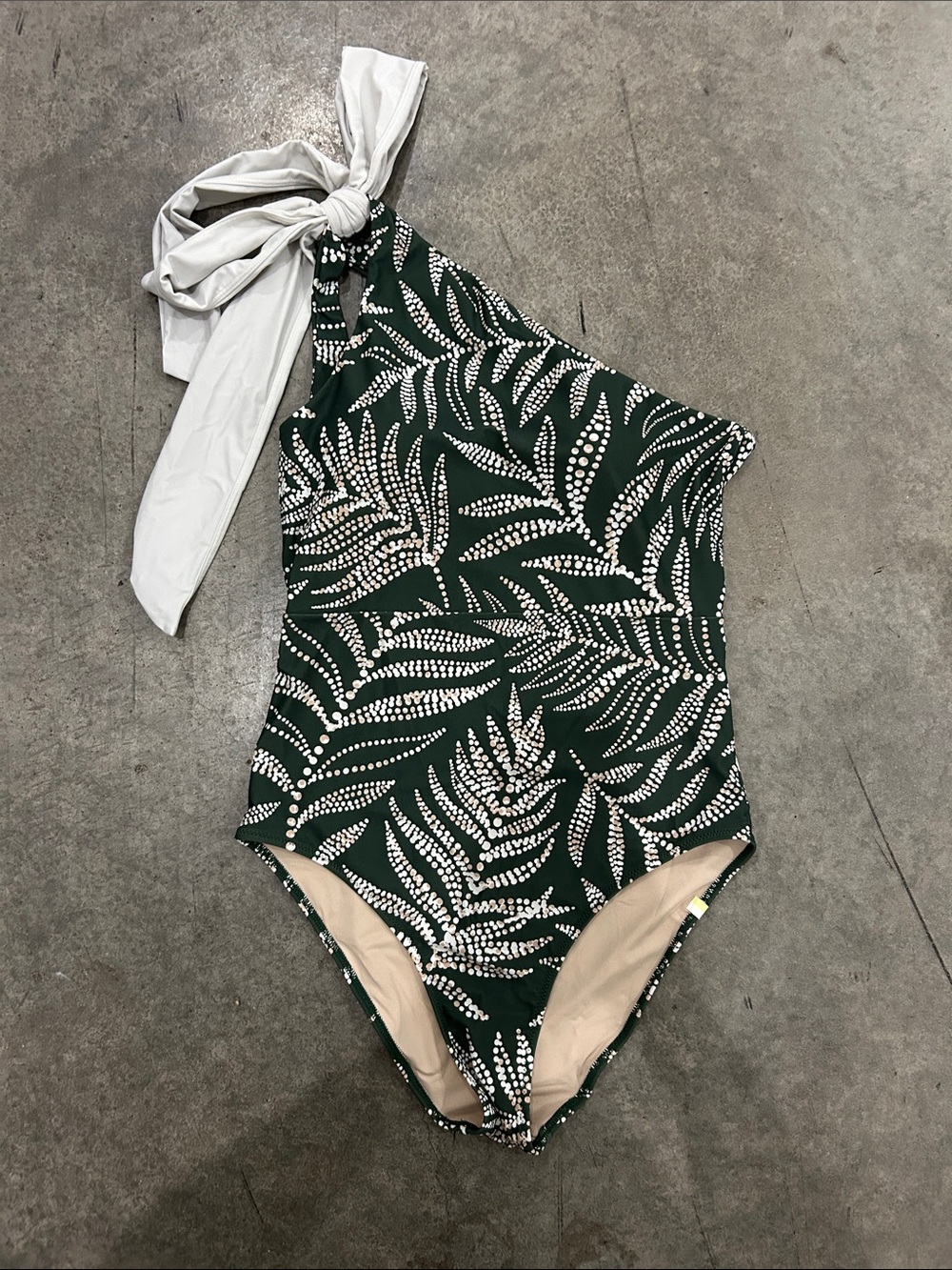 summersalt Dark Green Leaf-Print One-Shoulder Swimsuit with White Tie